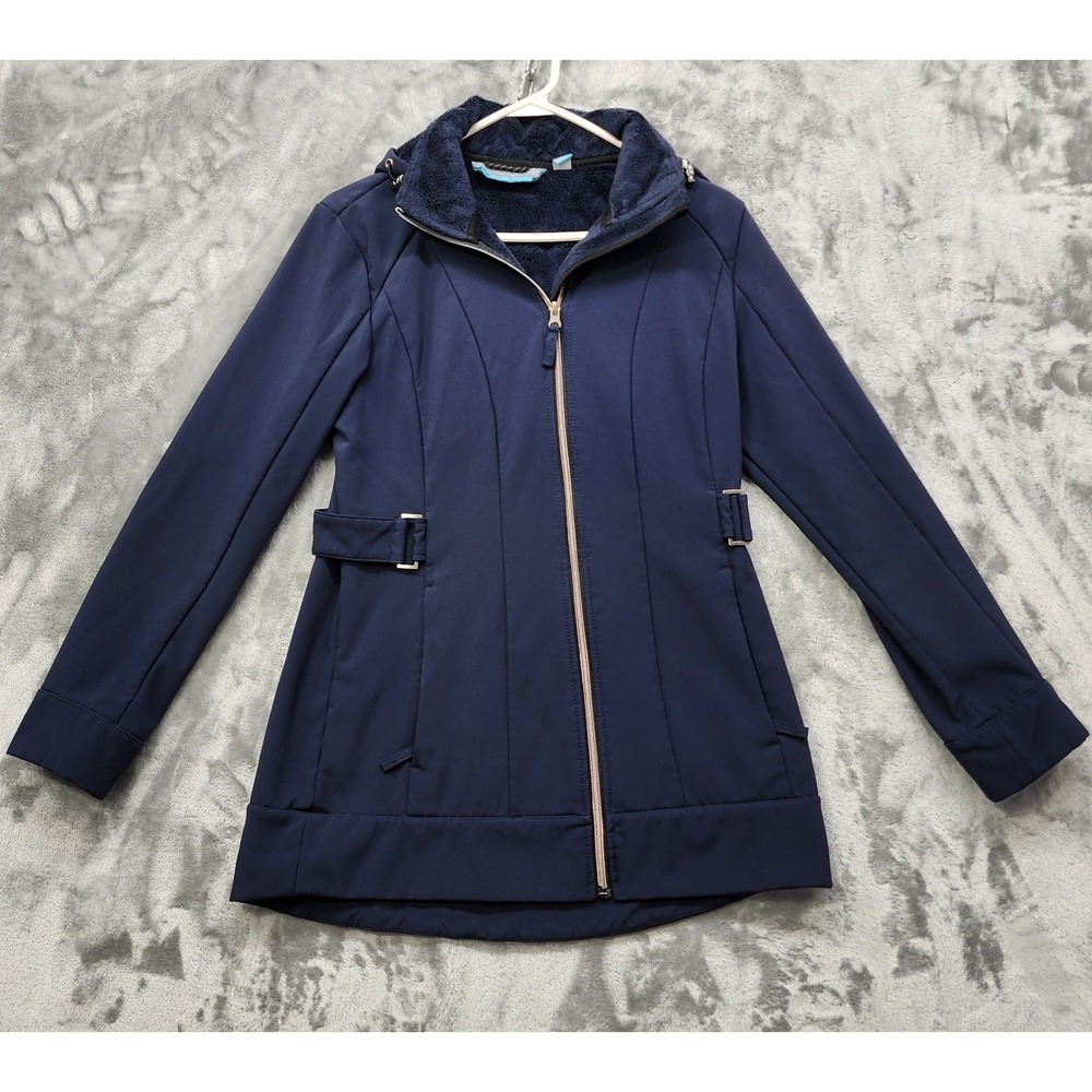 Free Country Coat Women S Blue Faux Fur Lined Side Buckle Detail Full Zip Hooded